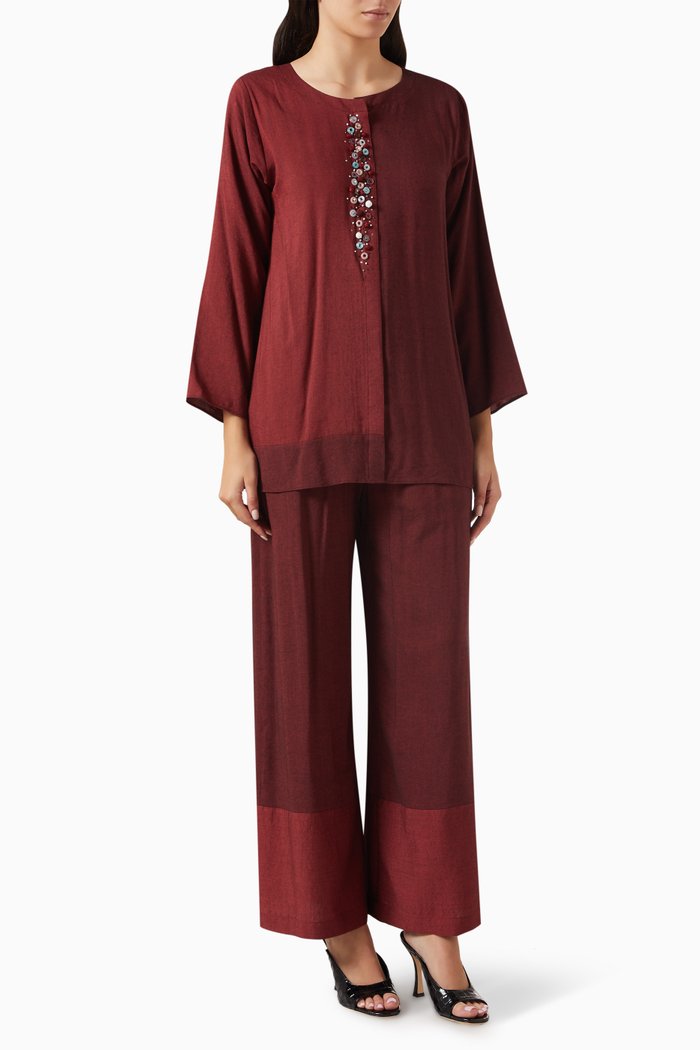 

Sequin-embellished Top & Pants Set, Red