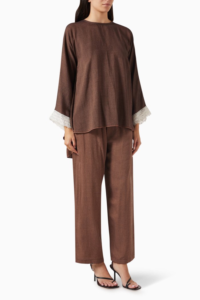 

Lace-trimmed Top & Pants Set, Brown