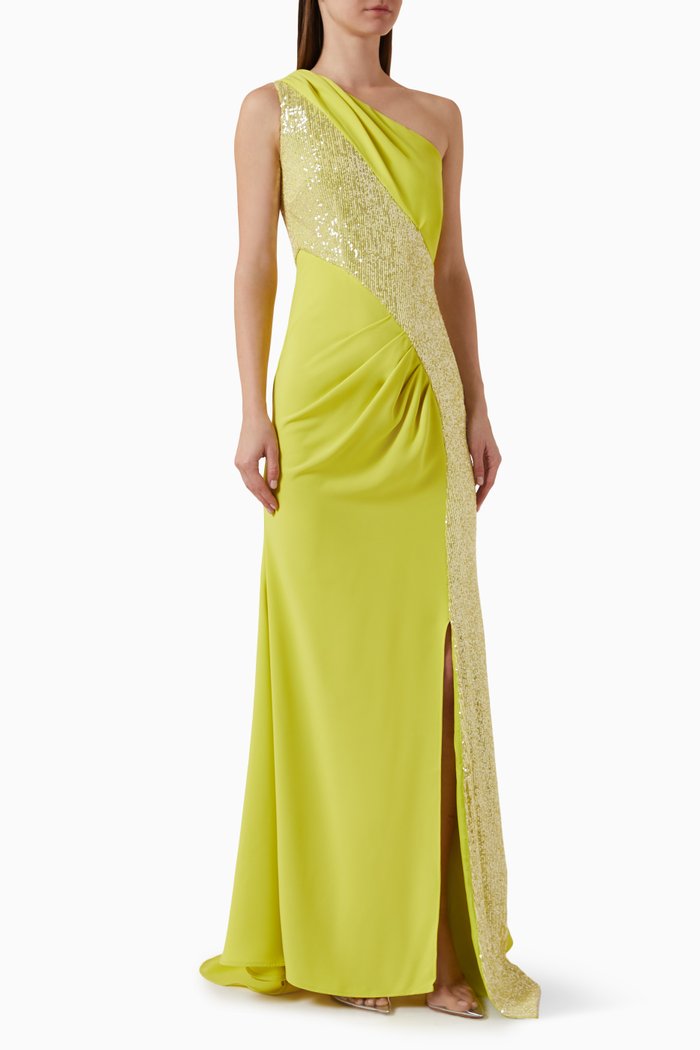 

One Shoulder Sequin-insert Maxi Dress in Satin, Yellow