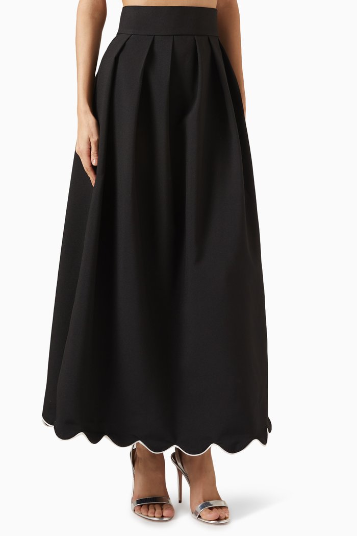 Pleated Scallop Maxi Skirt in Cotton, Black