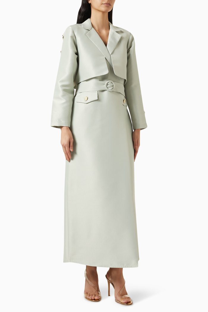 

Pleated Abaya Jacket in Satin, Green