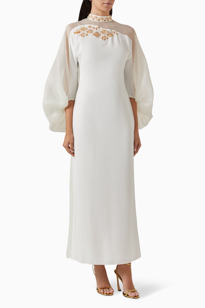 

Embellished Cape Dress in Crepe & Organza, White