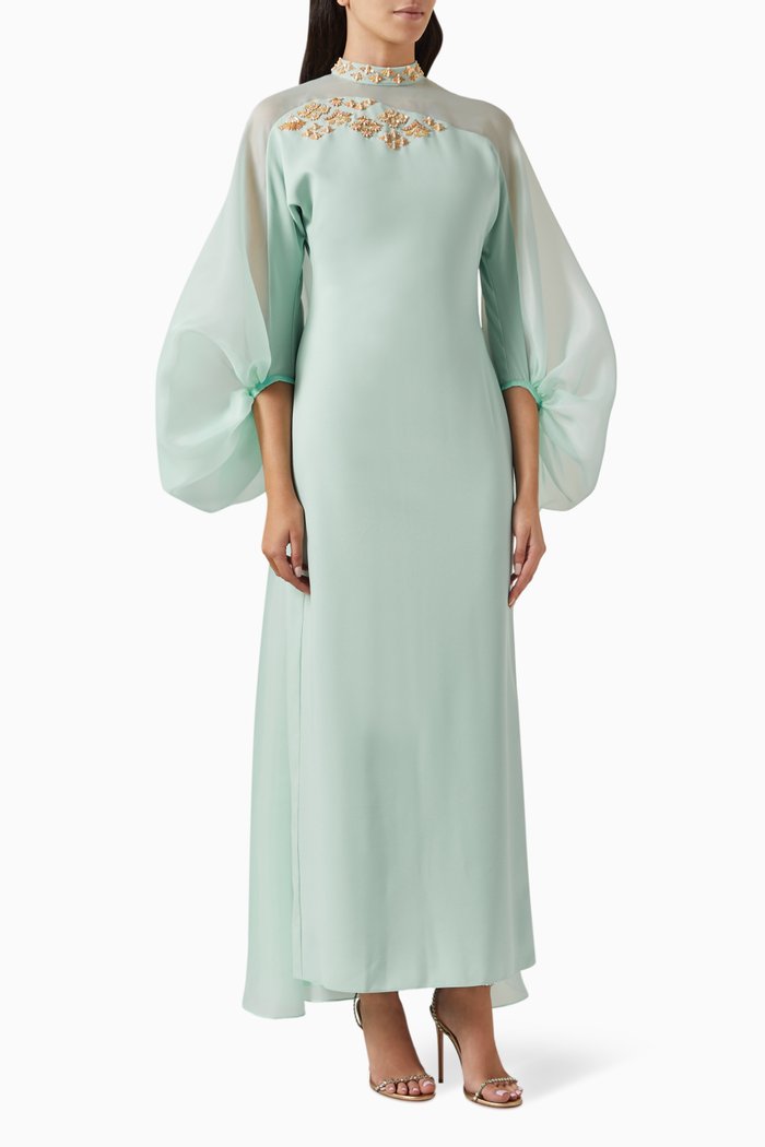 

Embellished Cape Dress in Crepe & Organza, Blue