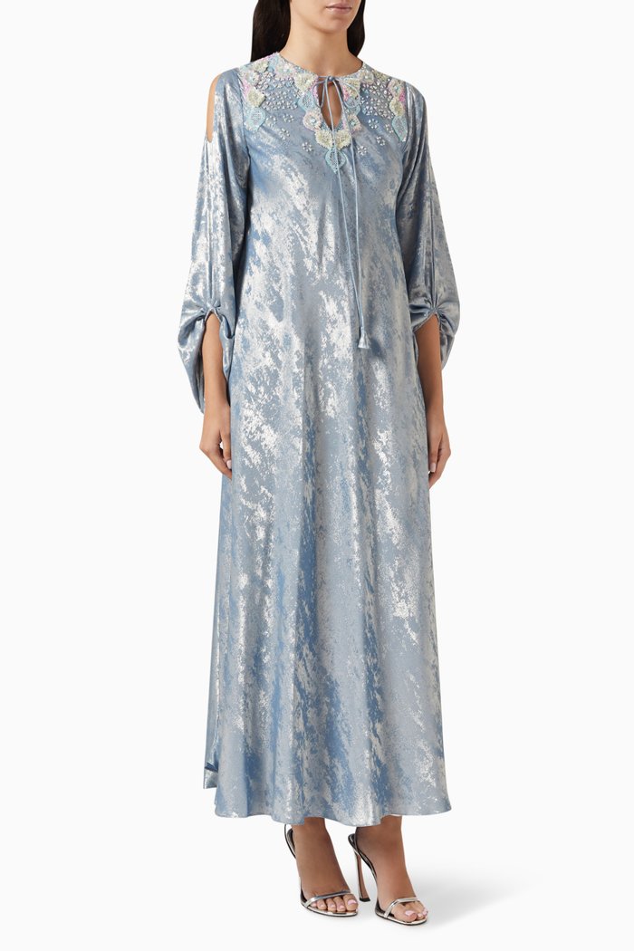 

Embellished Kaftan in Metallic Crepe, Blue