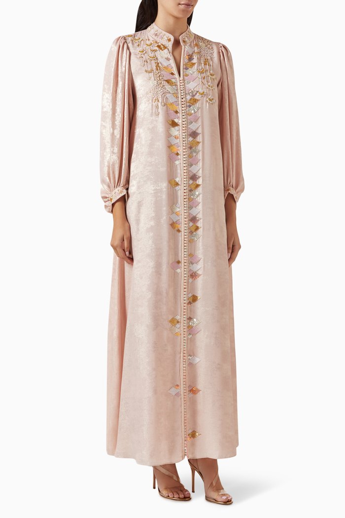 

Embellished Kaftan in Metallic Crepe, Pink
