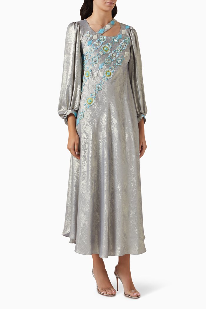 

Embellished Kaftan in Metallic Crepe, Grey