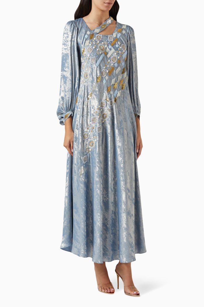 

Embellished Maxi Dress in Metallic Crepe, Blue