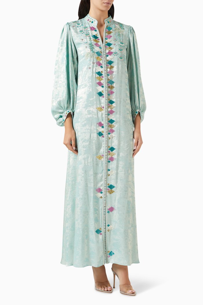 

Embellished Moroccan Kaftan in Metallic-crepe, Blue