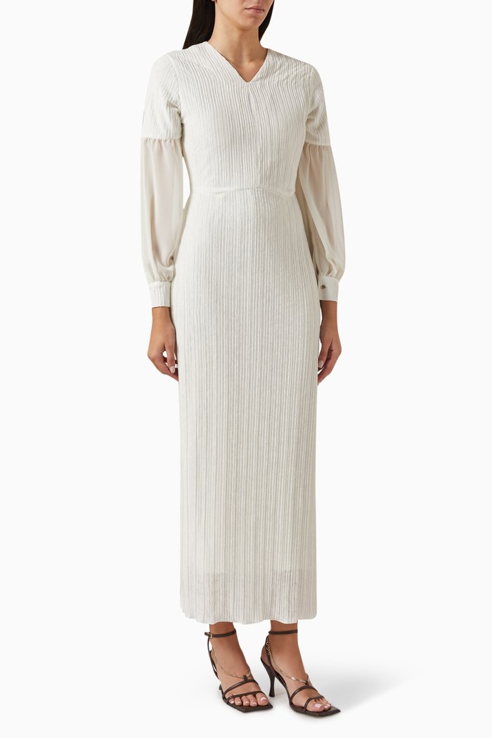 

V-neck Pleated Midi Dress, Neutral
