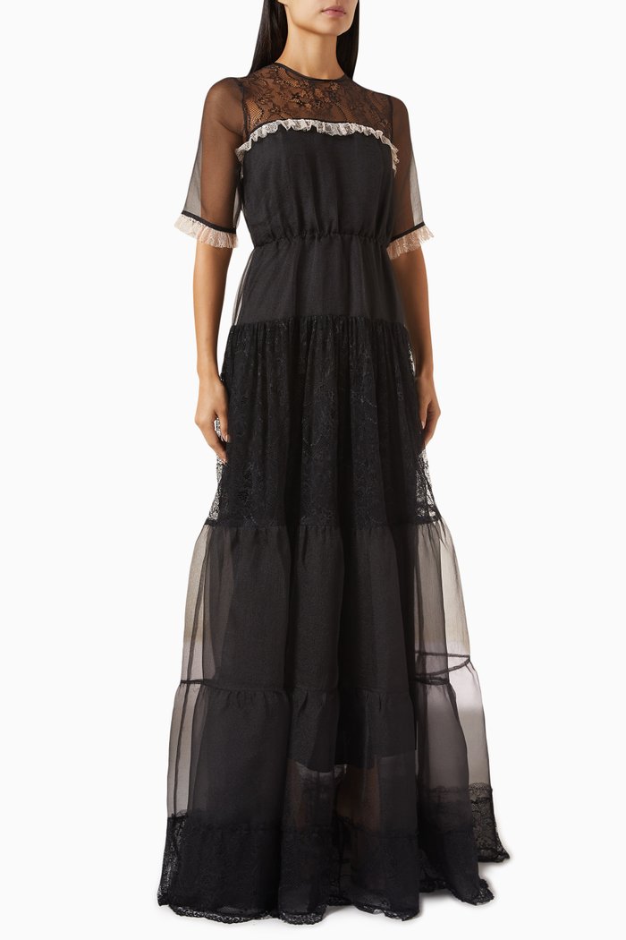 

Tiered Maxi Dress in Organza & Lace, Black