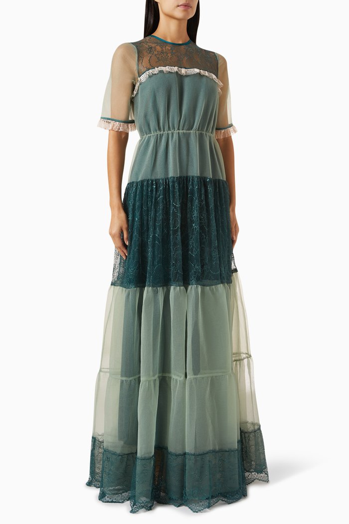

Tiered Maxi Dress in Organza & Lace, Green