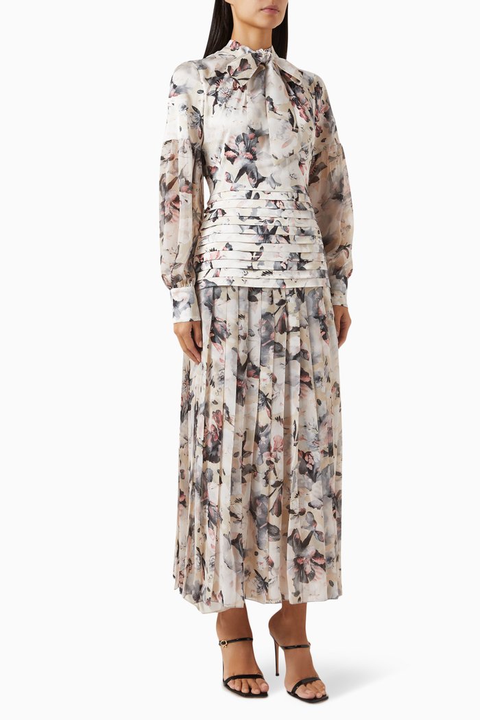 

Tie-up Neck Pleated Midi Dress in Satin, Yellow
