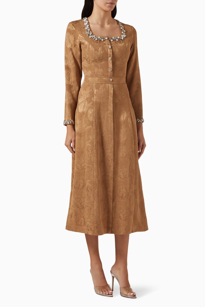 

Crystal-embellished Midi Dress in Jacquard, Brown