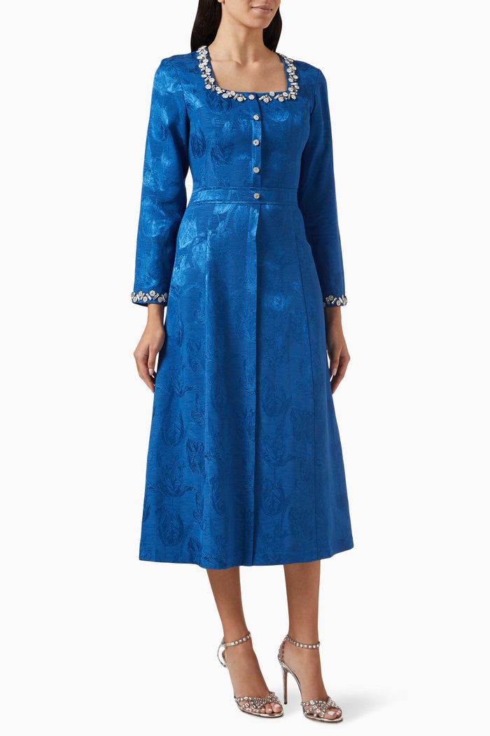 

Crystal-embellished Midi Dress in Jacquard, Blue