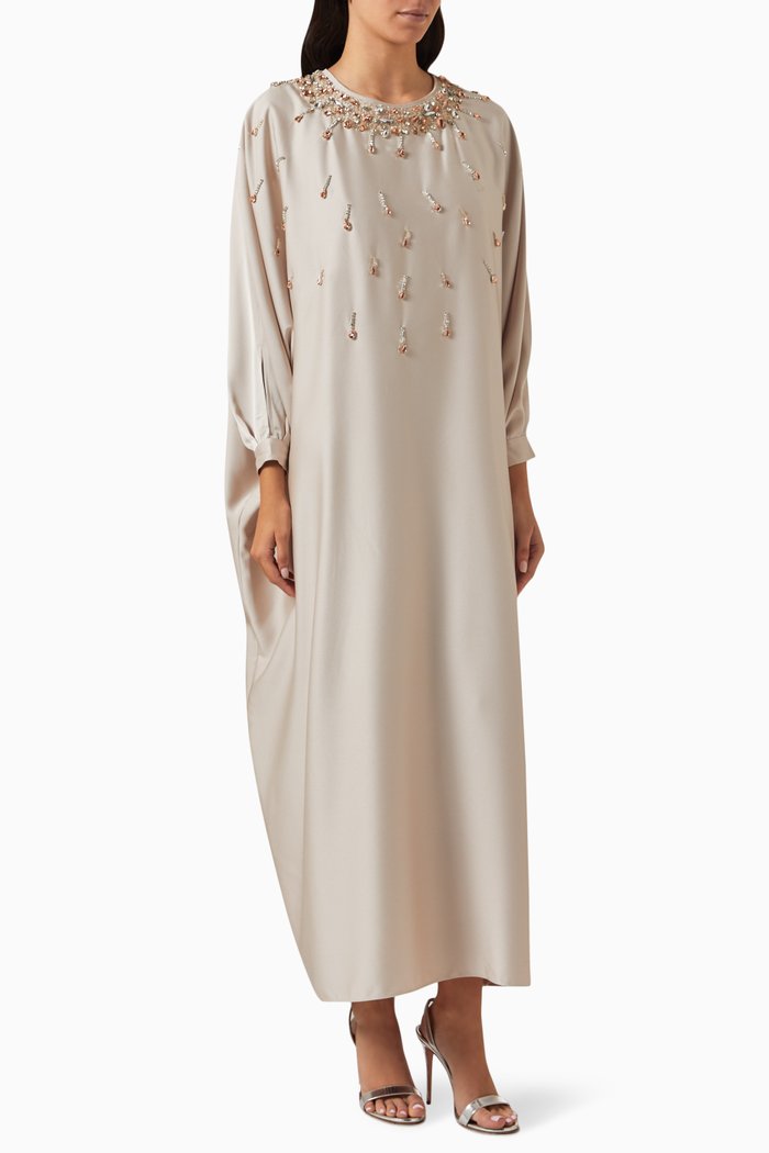 

Embellished-neck Maxi Dress in Polyester, Neutral