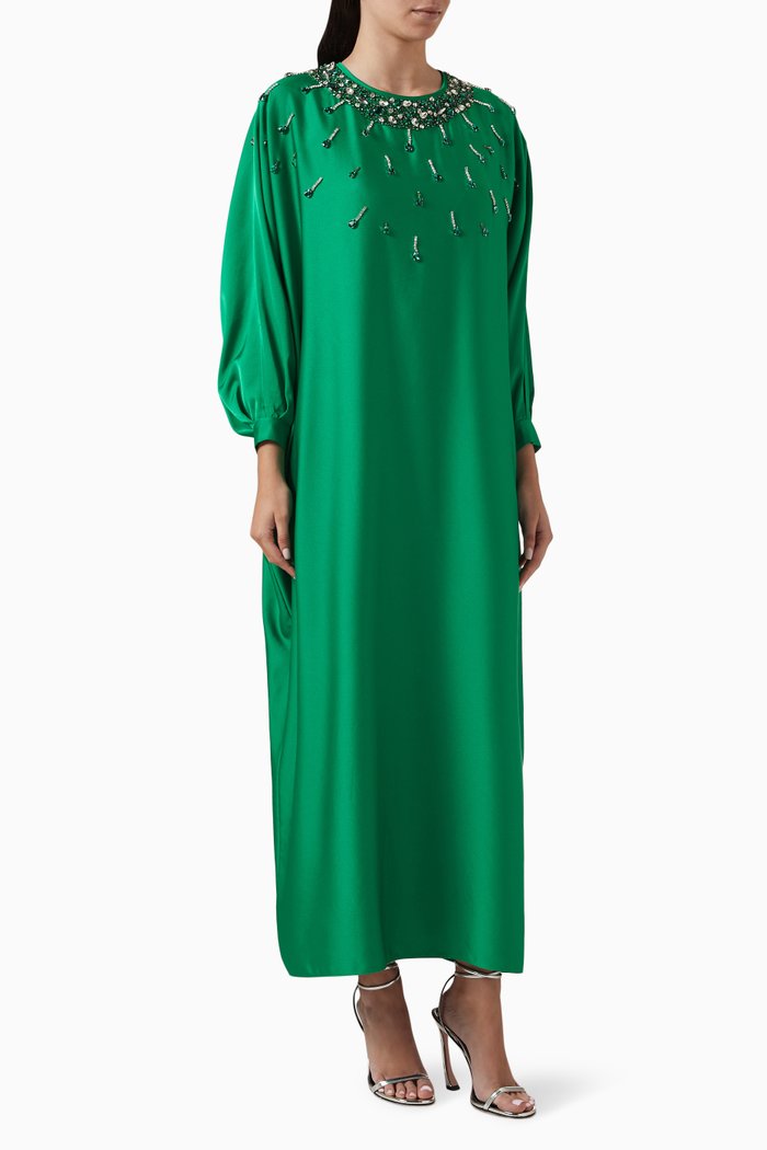 

Embellished-neck Maxi Dress in Polyester, Green