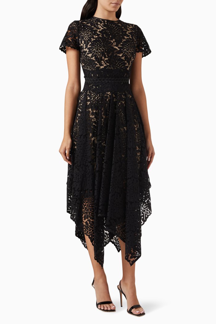 

Handkerchief-hem Midi Dress in Lace, Black
