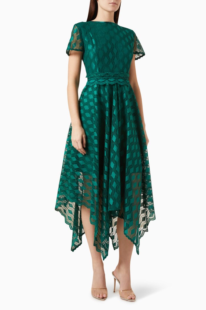 

Handkerchief-hem Midi Dress in Lace, Green