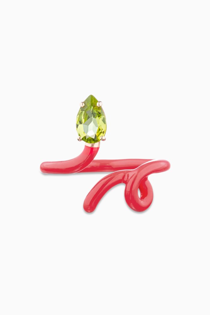 Baby Vine Tendril Enamel Ring in 9kt Yellow Gold & Silver, Pink