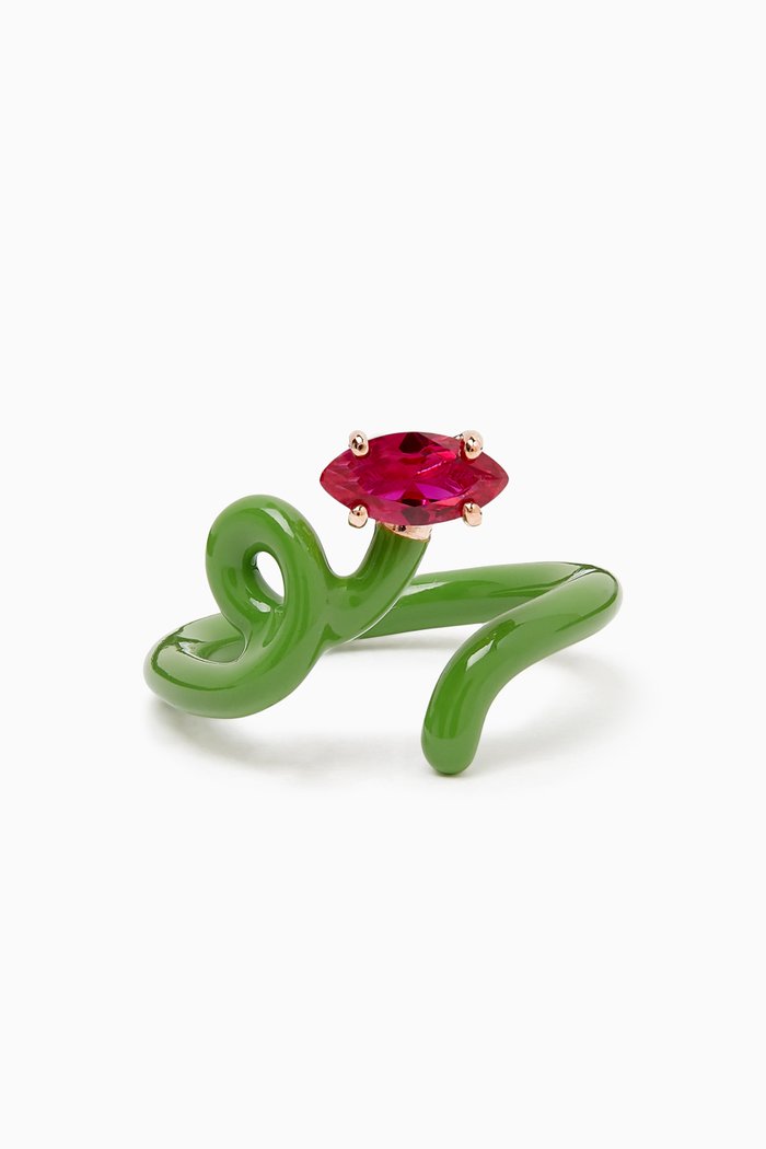 

Baby Vine Tendril Enamel Ring in 9kt Yellow Gold & Silver, Green