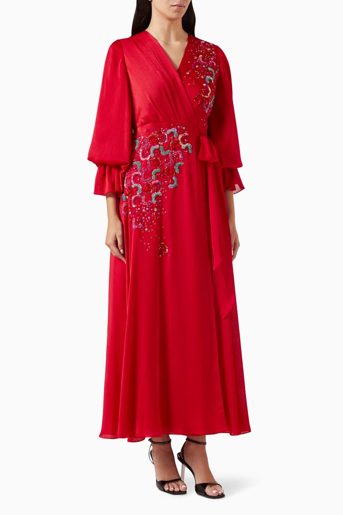 

Embellished Wrap Midi Dress in Crepe, Red