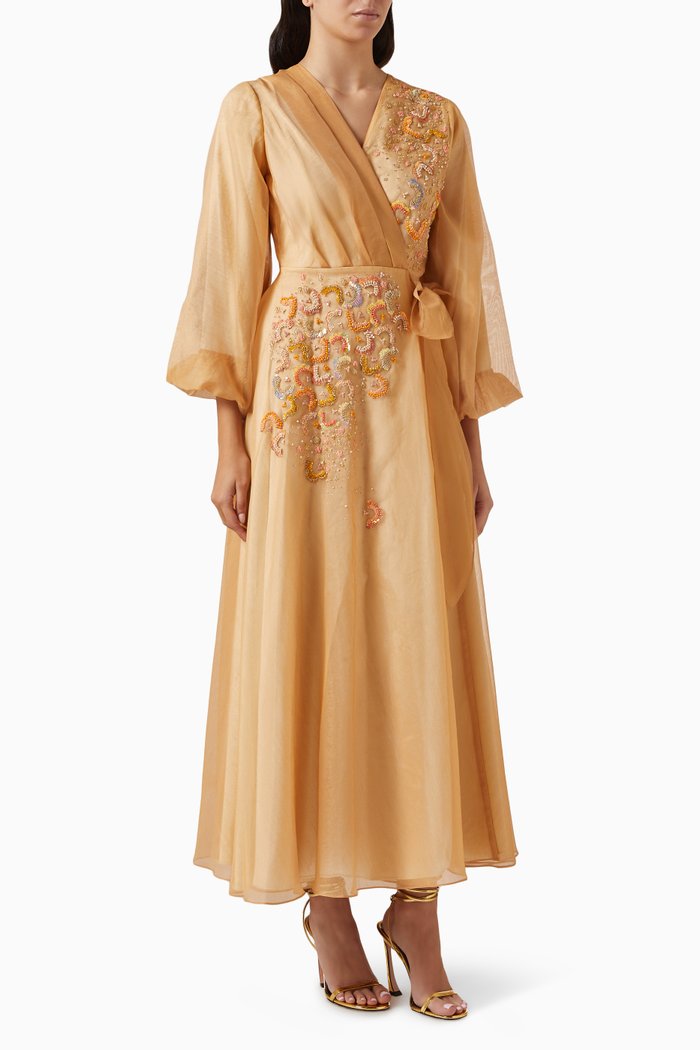 

Embellished Wrap Midi Dress in Organza, Yellow