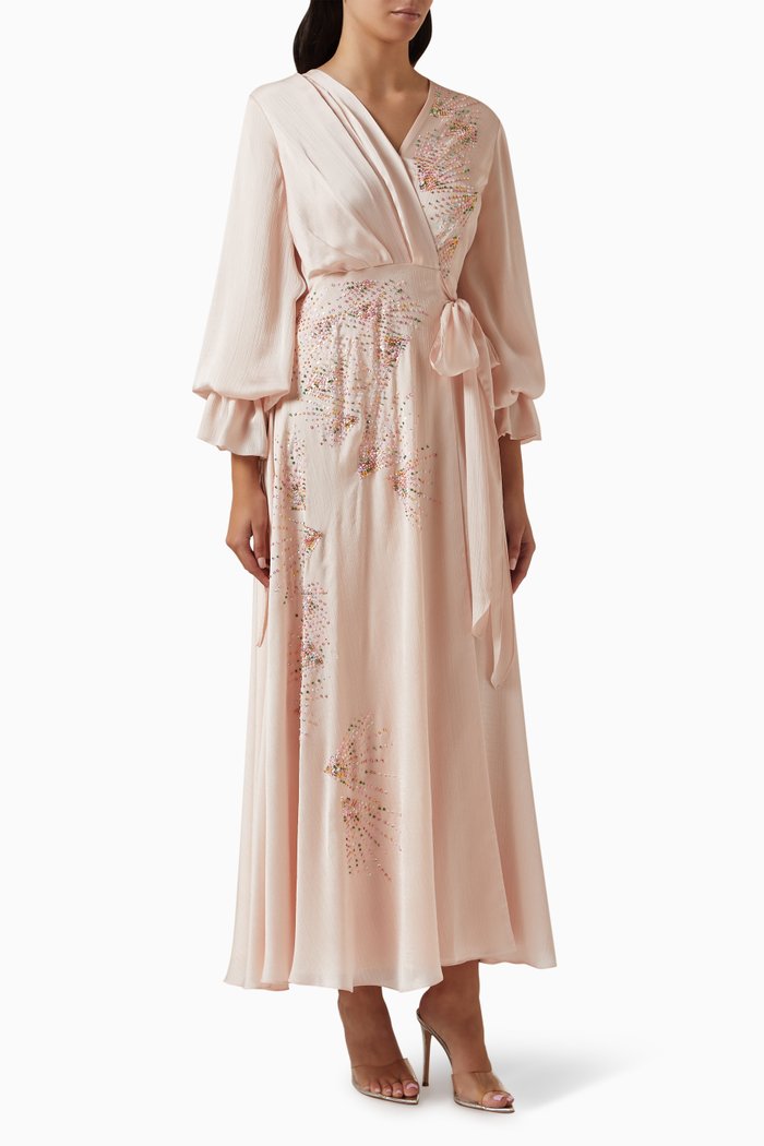 

Gem-embellished Wrap Midi Dress in Crepe, Pink