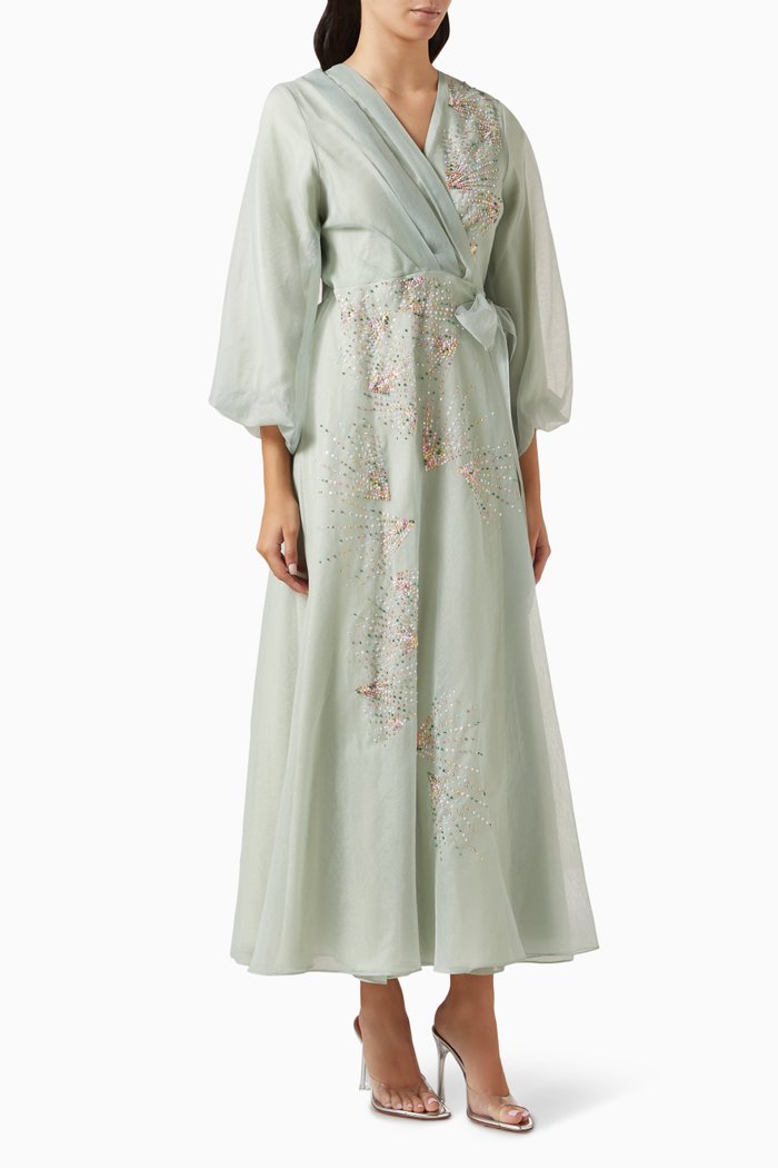 

Gem-embellished Wrap Midi Dress in Organza, Blue
