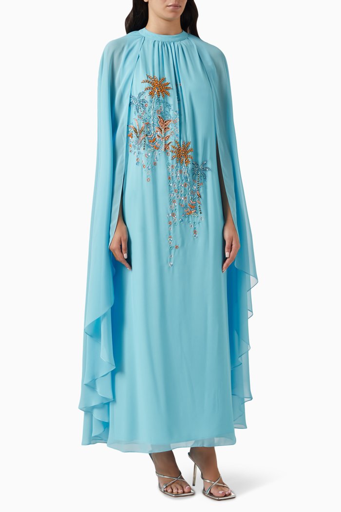 

Embellished Maxi Cape Dress in Chiffon, Blue