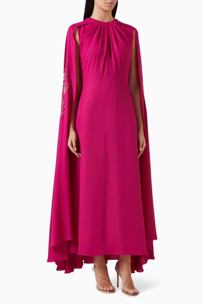 

Embellished Cape Maxi Dress in Crepe, Pink