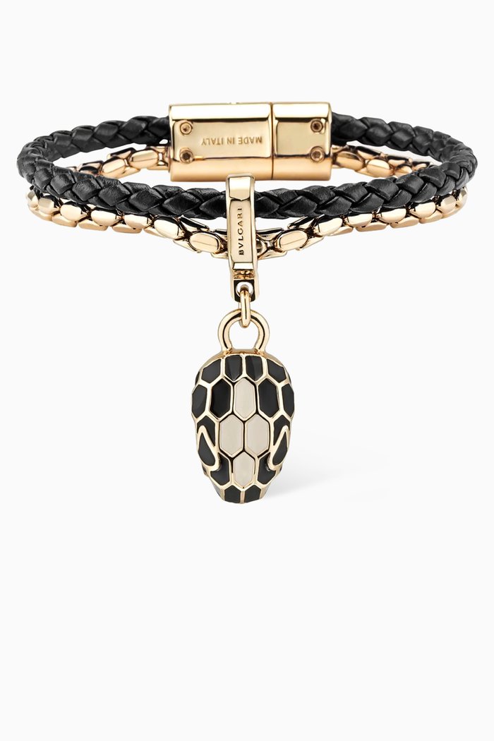 Serpenti Forever Bracelet in Leather & Brass, Black