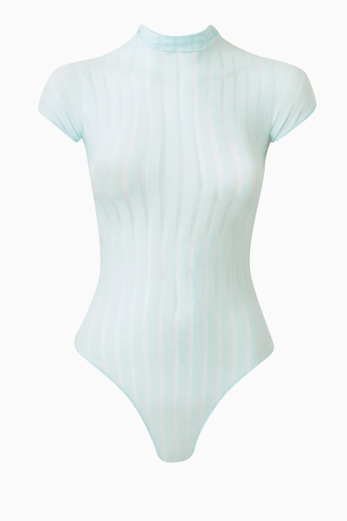 

Sheer Stripped Bodysuit in Japanese Nylon Yarn, Blue