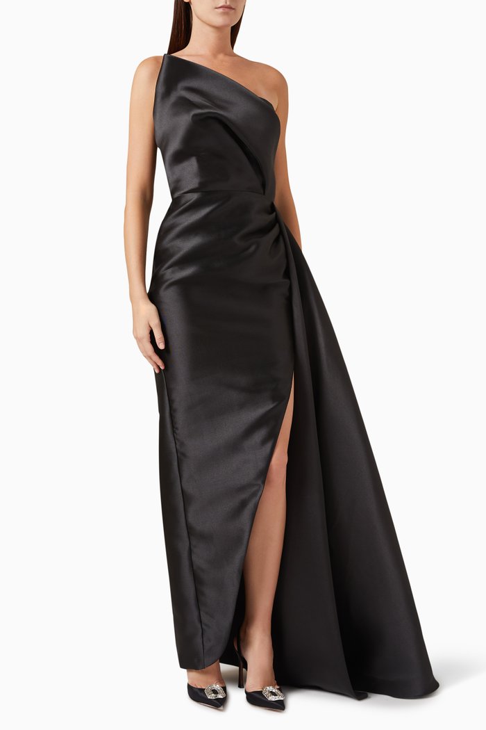 

Asymmetrical Slit Gown in Taffeta, Black