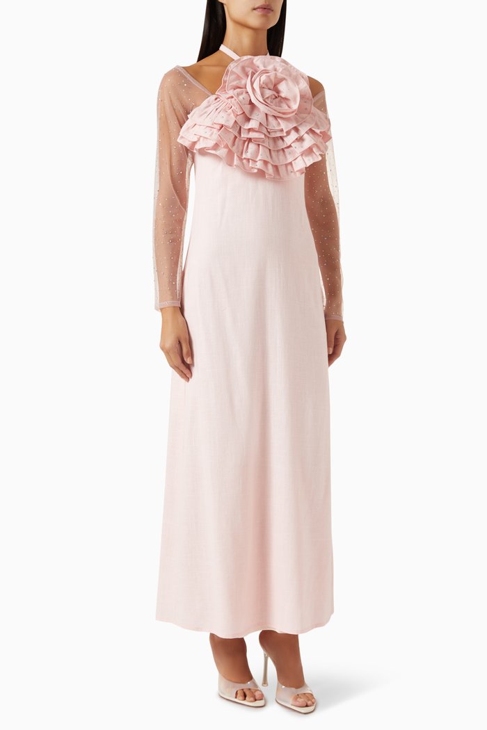 

Rosette-applique Maxi Dress in Linen, Pink
