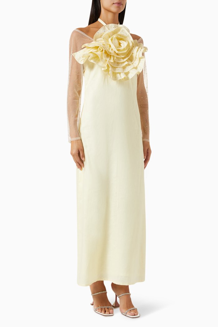 

Rosette-applique Maxi Dress in Linen, Yellow