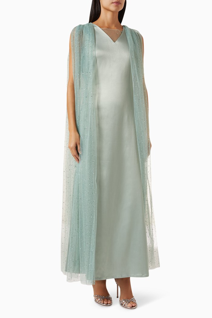 A-line Cape Maxi Dress in Satin, Green