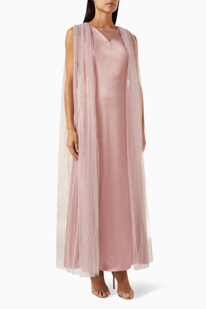 

A-line Cape Maxi Dress in Satin, Pink