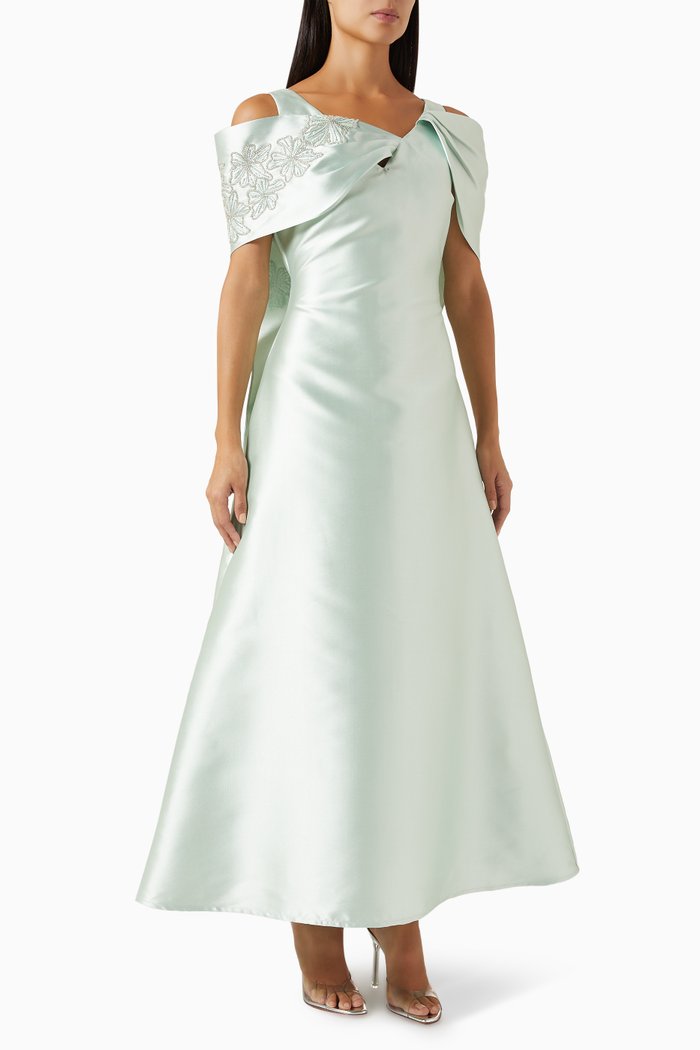 Crystal-embellished Maxi Dress in Satin, Green
