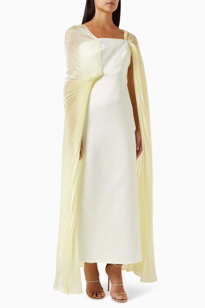 

Pleated Cape-sleeve Maxi Dress in Stretch-satin, Yellow
