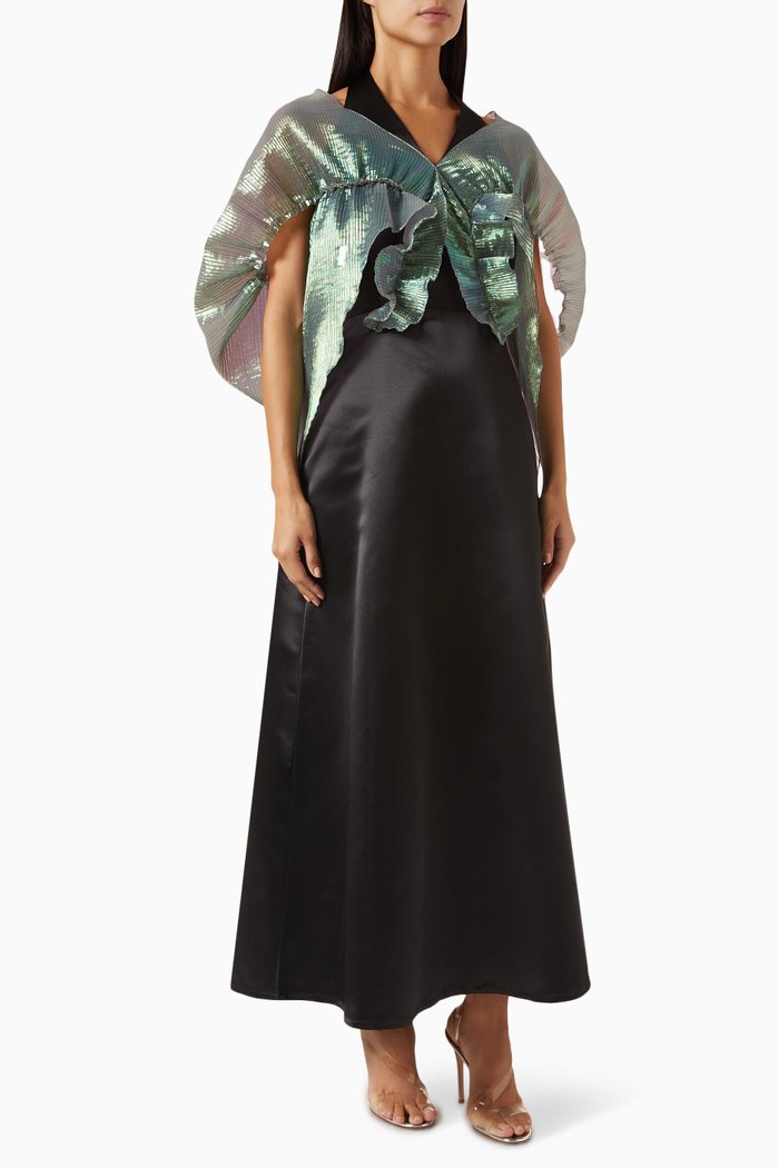 

Halterneck Cape Maxi Dress in Satin, Black
