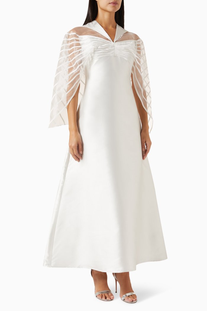 Cape-sleeve Maxi Dress in Satin, Neutral