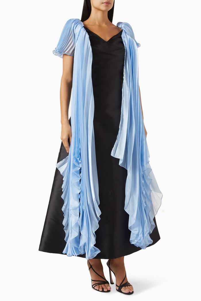 

Plated-sleeve Maxi Dress in Satin, Black