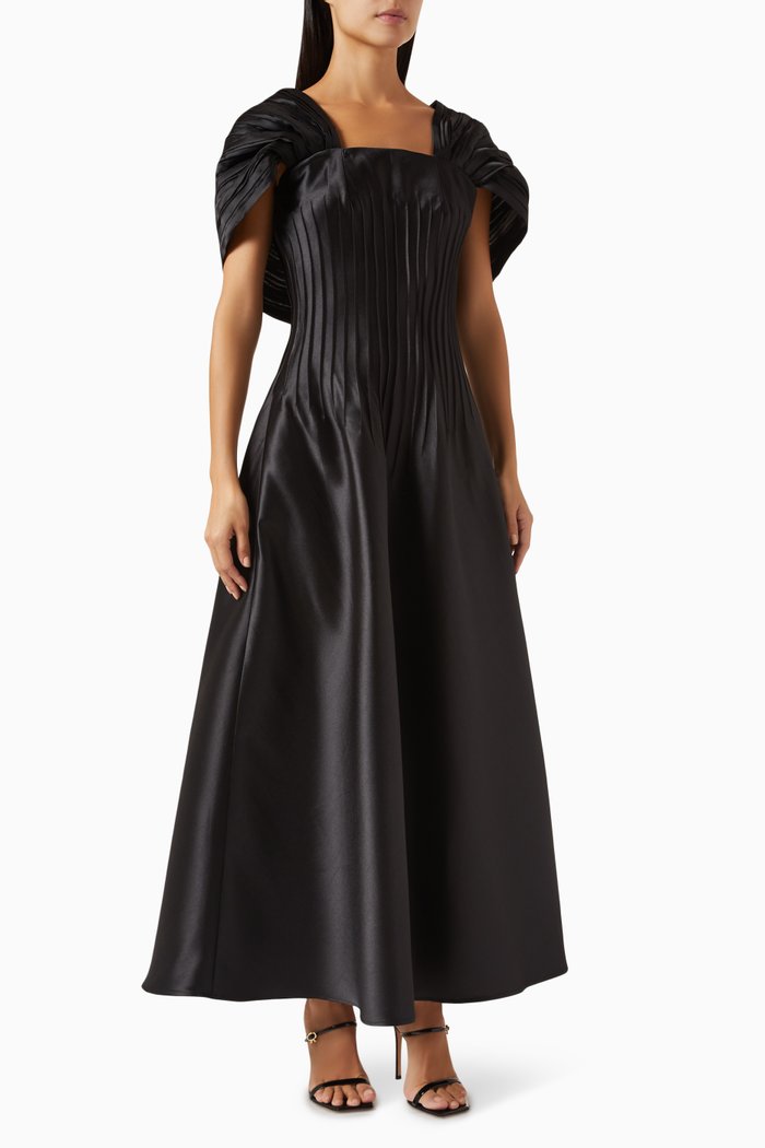 

Pintuck Maxi Dress in Satin, Black