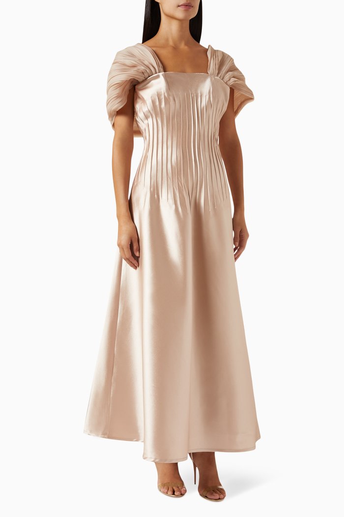 

Pintuck Maxi Dress in Satin, Gold