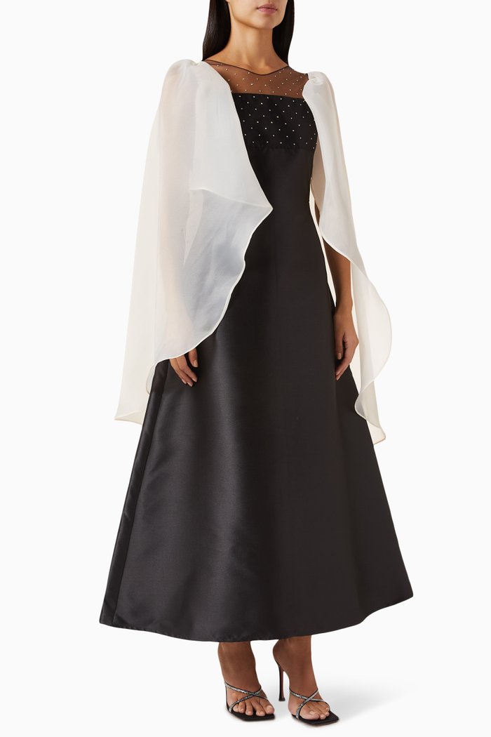 

Cape-sleeve Maxi Dress in Satin, Black