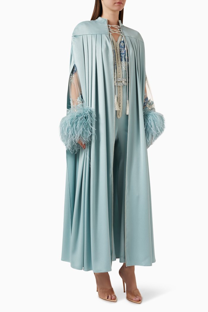 

Moroccan Feather-trimmed Jumpsuit & Cape Dress Set, Blue