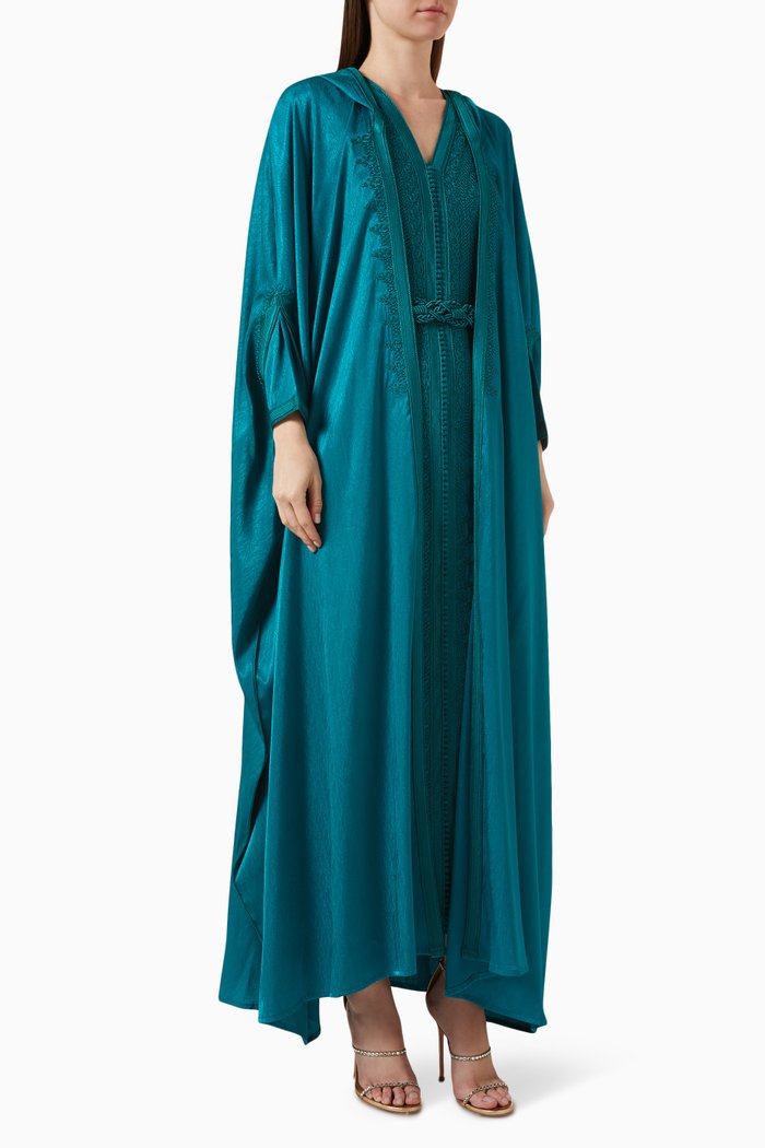 

Moroccan Embroidered Hooded Cape Kaftan Set, Blue