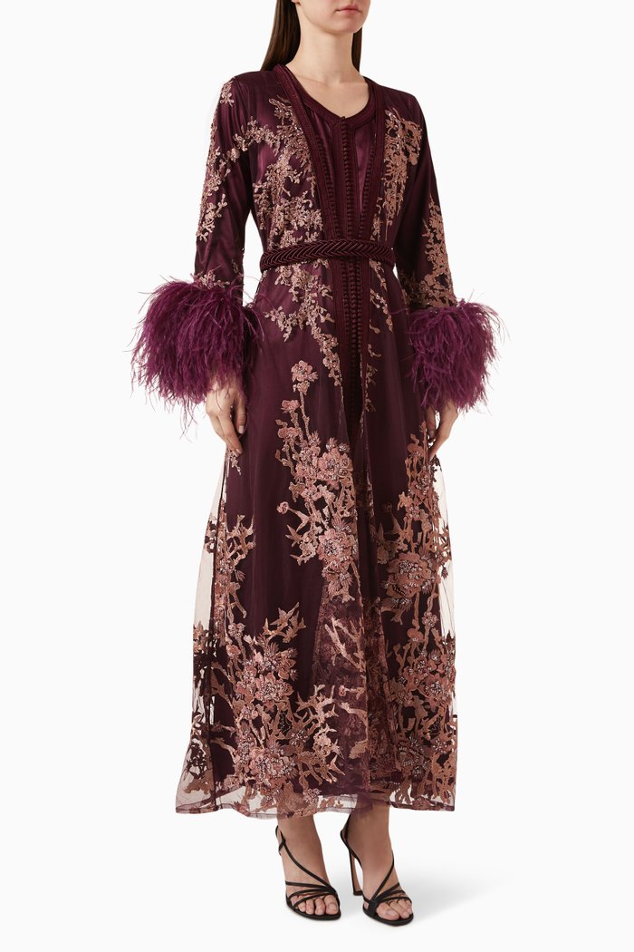 

Moroccan Feather-trimmed Embroidered Kaftan Set, Red