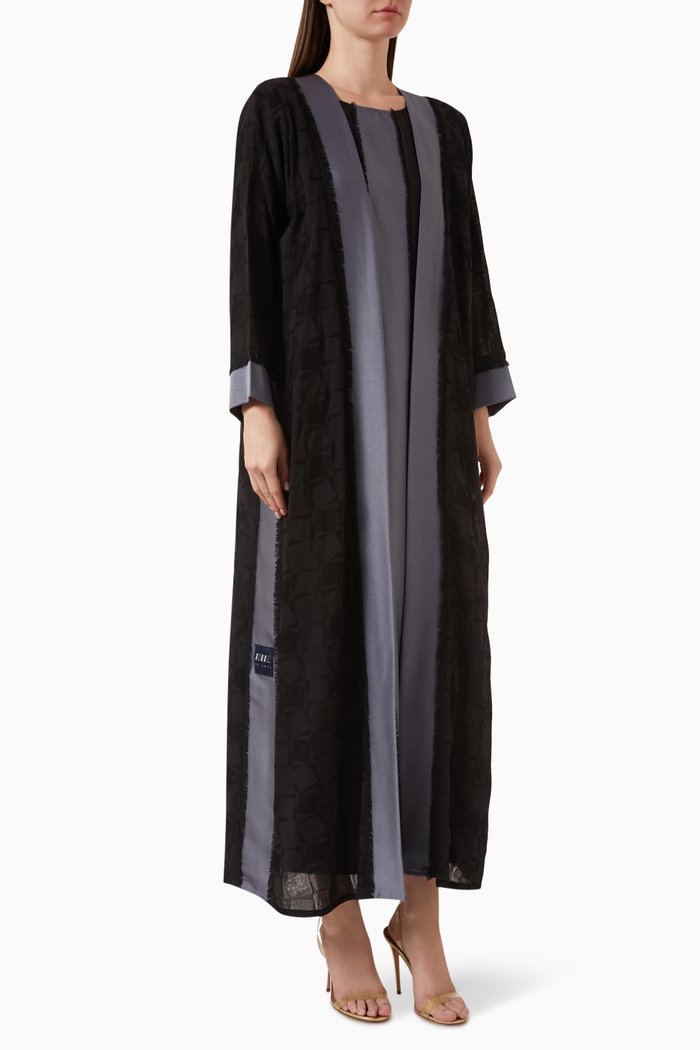 

Fringed Abaya Set in Printed Linen, Black