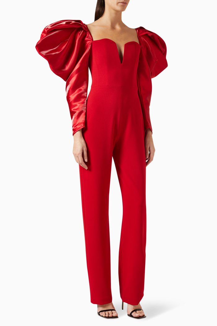

Rose Draped Sleeve Jumpsuit in Crepe, Red